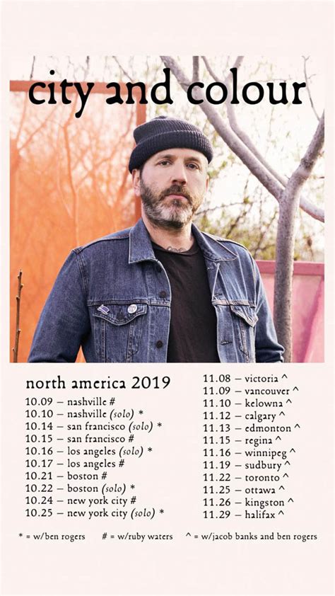 City and colour tour - City and Colour Music refracts darkness as light. Through a kaleidoscope of lush guitars, ethereal orchestration, and heavenly delivery, City and Colour alchemically transforms life’s turbulence into waves of blissful, bold, and brilliant... 
